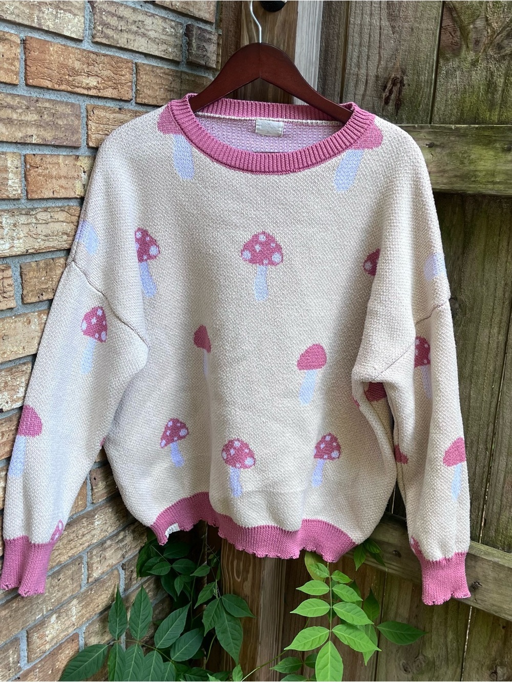 Simply Southern Cream Knit Sweater with Pink Mushroom Motif